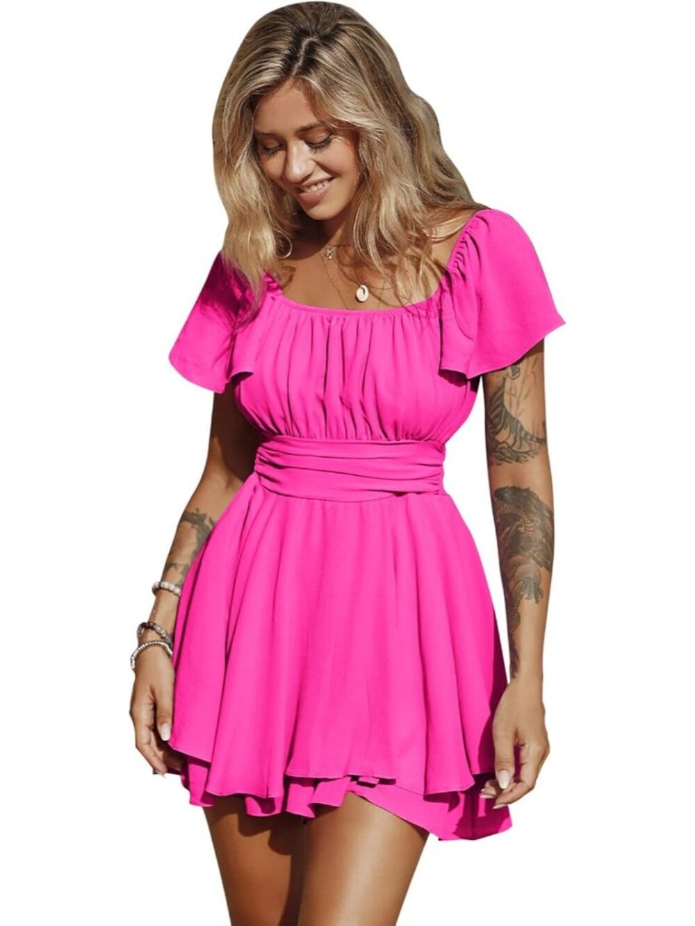 Women's Hot Pink Ruffle Short Sleeve Tie Back Square Neck Polyester Romper